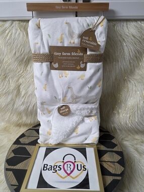 TINY FARM FRIENDS REVERSIBLE FLEECE SHERPA BABY GOOSE BLANKET NWTS 30 X 40